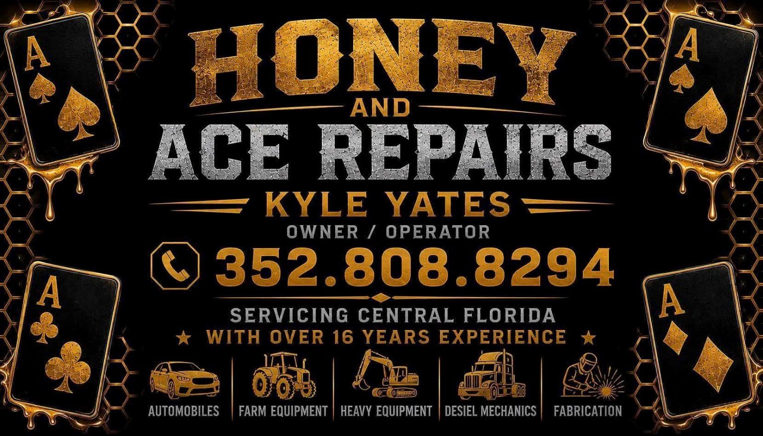 Honey and Ace Repairs business card with black, gold and Ace card branding