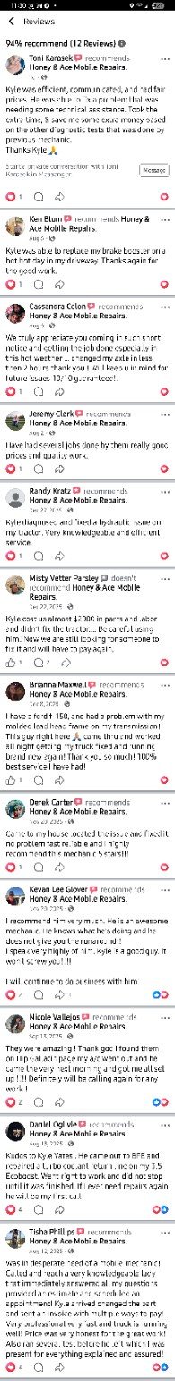 Screenshot of Honey and Ace Mobile Repairs Facebook customer reviews